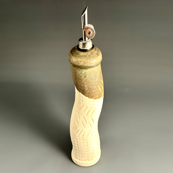 White handmade stoneware olive oil cruet with curved pour spout, ceramic oil dispenser by Macone Clay, clean kitchen accessory for cooking
