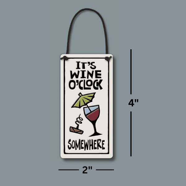 Spooner Creek ceramic wine tag shown with dimensions, 2 x 4 inch glazed wine bottle tag with leather like cord, handmade wine gift made in USA.