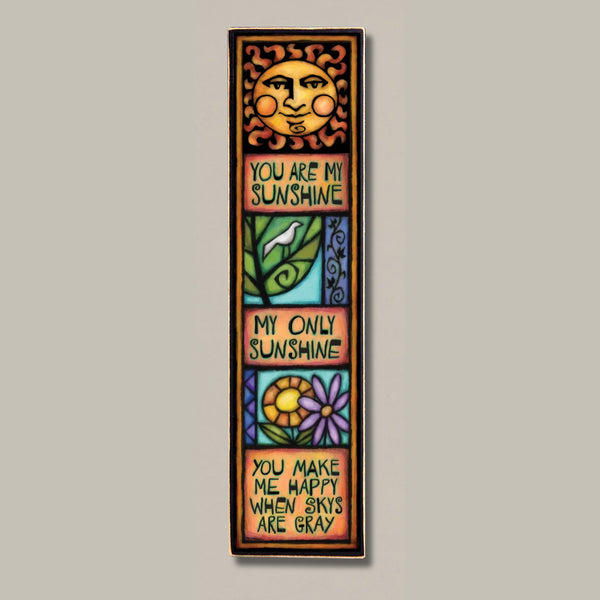 You are my sunshine wood quote plaque with expressive sun face bird and flower artwork by Michael Macone handmade in Shell Lake Wisconsin