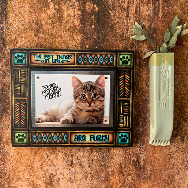 Pet picture frame wall display featuring quote The best things in life are furry with colorful Michael Macone artwork.