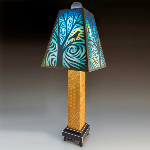 Bird and Dragonfly handmade ceramic table lamp with brown stoneware base, illuminated bird and dragonfly art shade by Michael Macone, made in Shell Lake Wisconsin