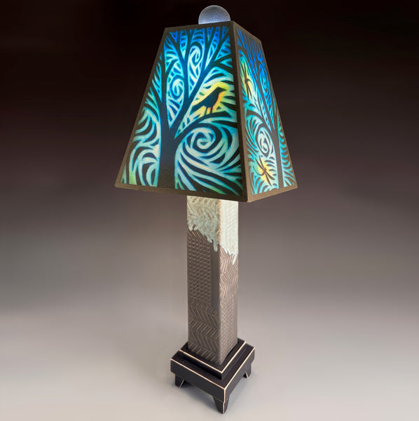 Bird and Dragonfly handmade ceramic table lamp with gray stoneware base, illuminated nature art shade by Michael Macone, made in Shell Lake Wisconsin