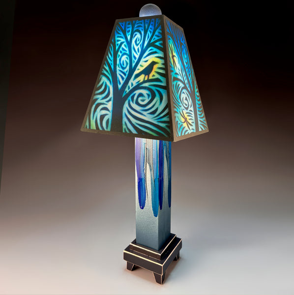 Bird and Dragonfly handmade ceramic table lamp with straight blue extruded clay base, glowing teal and blue nature art shade by Michael Macone, made in Shell Lake Wisconsin