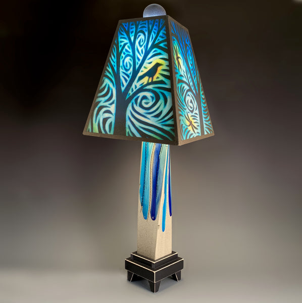 Bird and Dragonfly handmade ceramic table lamp with twisted gray extruded clay base, glowing bird and dragonfly nature shade by Michael Macone, made in Shell Lake Wisconsin