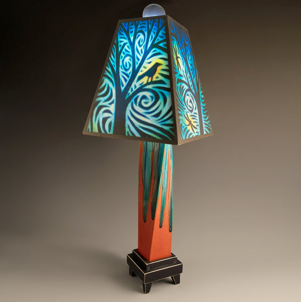 Bird and Dragonfly handmade ceramic table lamp with twisted red extruded clay base, illuminated bird and dragonfly shade by Michael Macone, made in Shell Lake Wisconsin