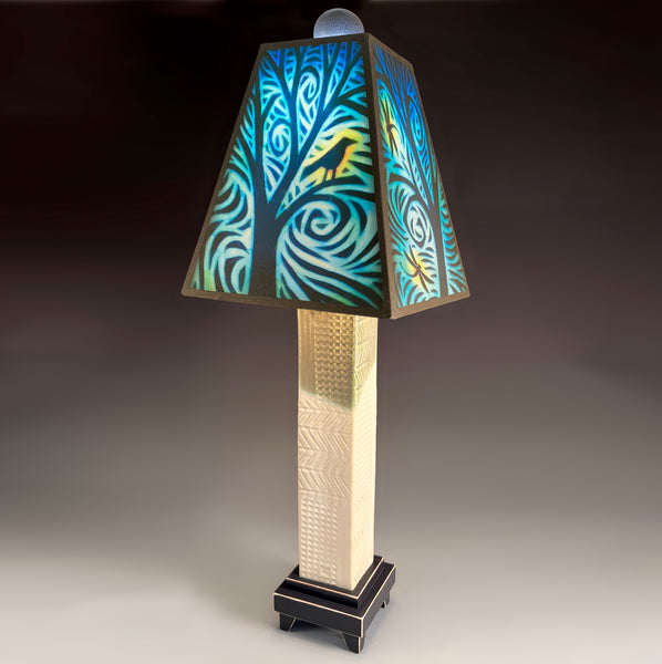 Bird and Dragonfly handmade ceramic table lamp with white stoneware base, glowing bird and dragonfly art shade by Michael Macone, made in Shell Lake Wisconsin