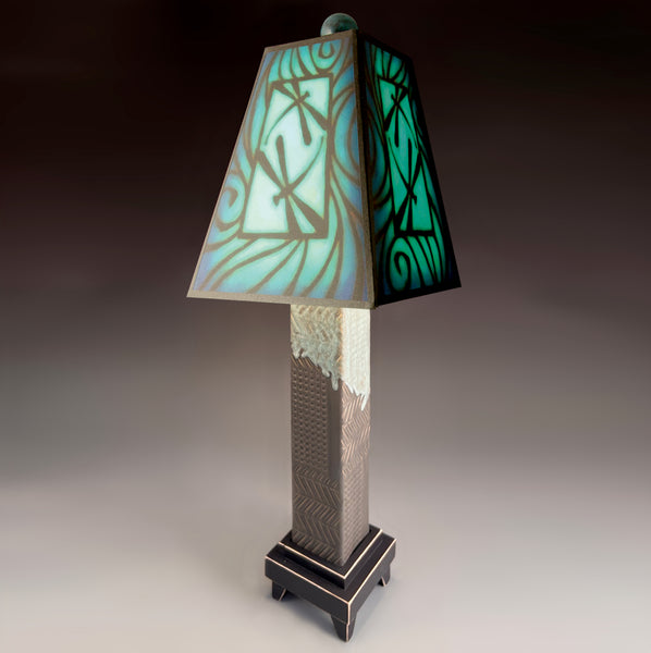 Blue Dragonfly handmade ceramic table lamp with gray stoneware base, nature art dragonfly shade in teal and icy blue by Michael Macone, made in Shell Lake Wisconsin