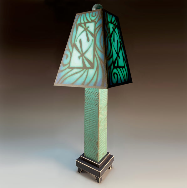 Blue Dragonfly handmade ceramic table lamp with green stoneware base, teal and icy blue dragonfly art shade by Michael Macone, made in Shell Lake Wisconsin