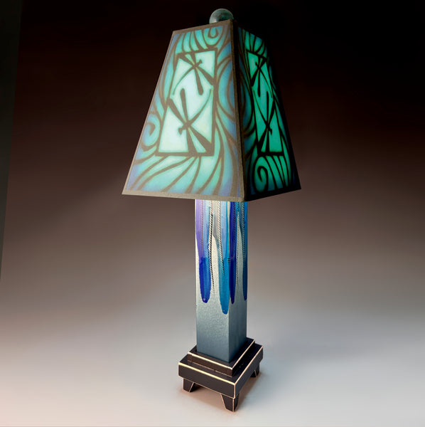 Blue Dragonfly handmade ceramic table lamp with straight blue extruded clay base, glowing teal and icy blue dragonfly art shade by Michael Macone, made in Shell Lake Wisconsin