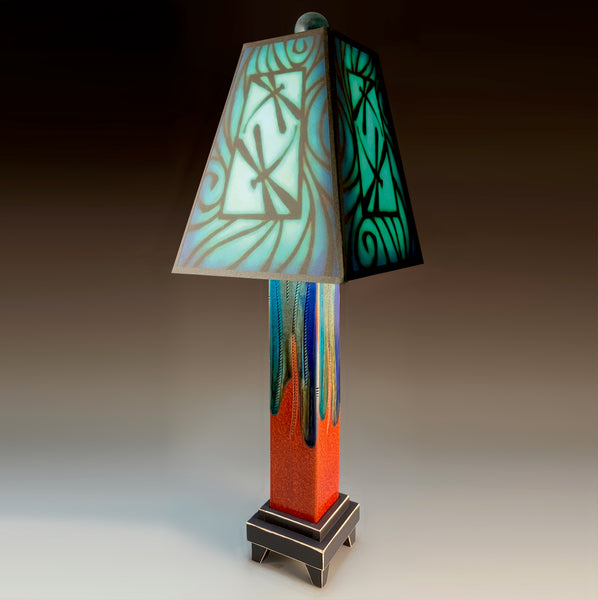 Blue Dragonfly handmade ceramic table lamp with straight red extruded clay base and melted glass drip finish, glowing teal dragonfly art shade by Michael Macone, made in Shell Lake Wisconsin