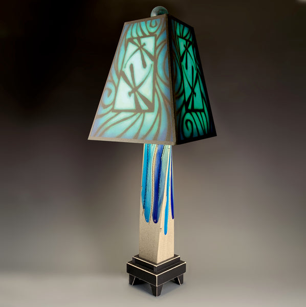 Blue Dragonfly handmade ceramic table lamp with twisted gray extruded clay base, glowing dragonfly pictograph art shade by Michael Macone, made in Shell Lake Wisconsin