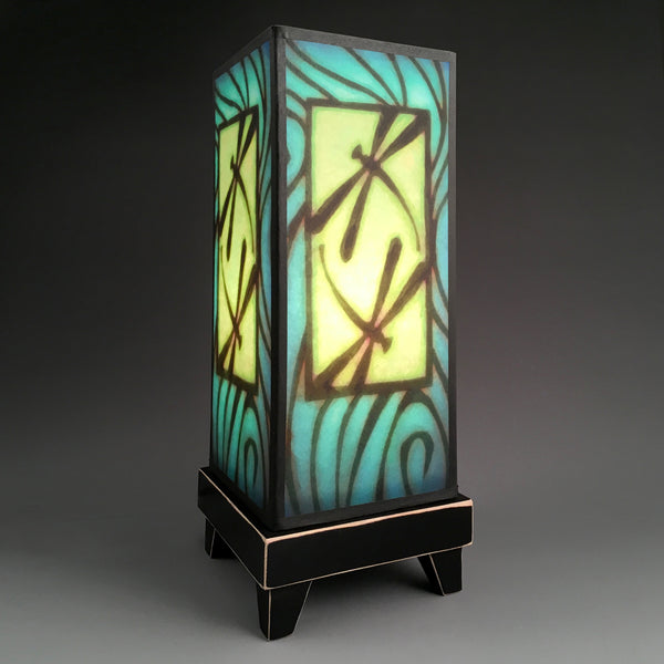 Blue Dragonfly mood lamp with printed paper shade
