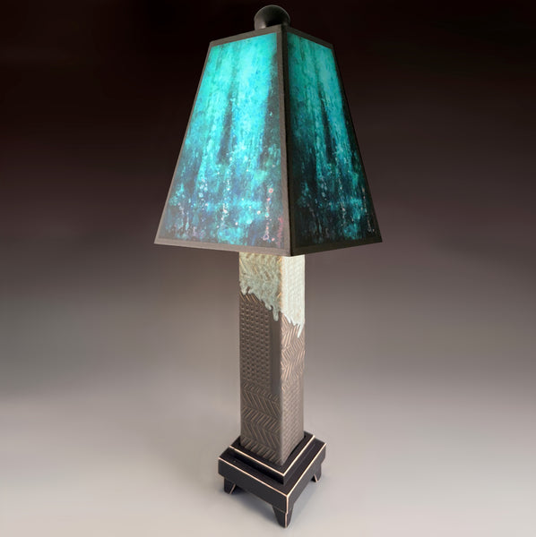 Blue Rain handmade ceramic table lamp with gray stoneware base, luminous deep blue layered shade by Macone Clay, made in Shell Lake Wisconsin