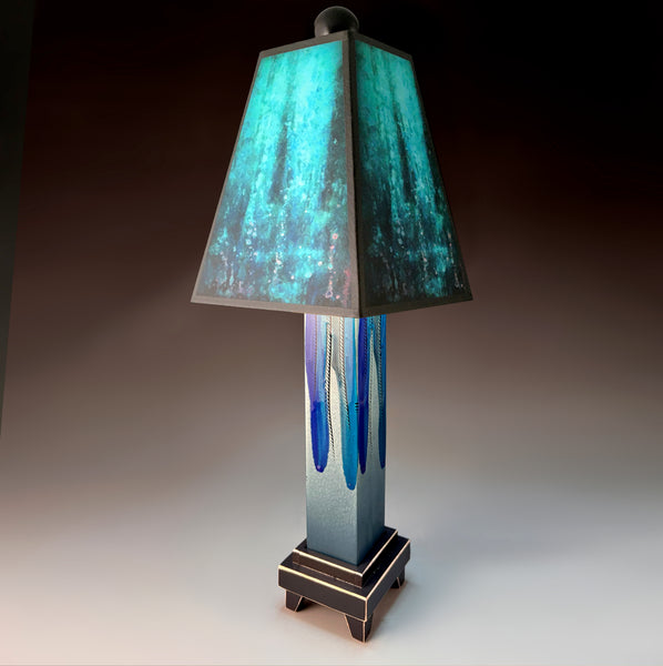 Blue Rain handmade ceramic table lamp with straight blue extruded clay base, rich layered blue shade by Macone Clay, made in Shell Lake Wisconsin