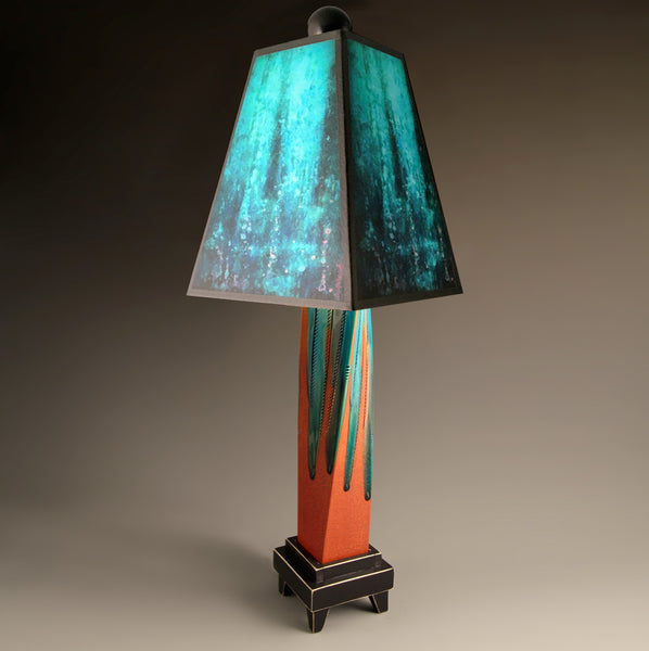 Blue Rain handmade ceramic table lamp with twisted red extruded clay base, deep layered blue shade by Macone Clay, made in Shell Lake Wisconsin