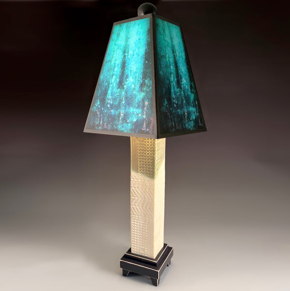 Blue Rain handmade ceramic table lamp with white stoneware base, deep layered blue shade by Macone Clay, made in Shell Lake Wisconsin