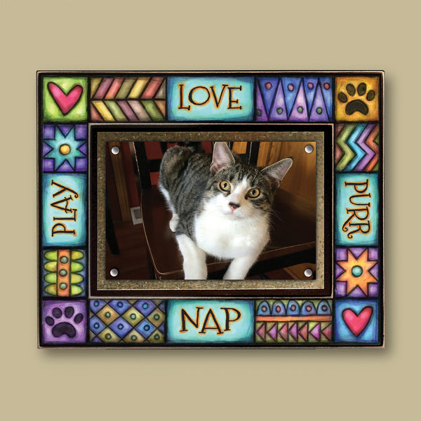 Cat picture frame with quote Love Purr Nap Play featuring colorful Michael Macone artwork holding a 4 x 6 cat photo with magnetic display.