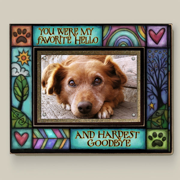 Pet memorial picture frame featuring the quote You were my favorite hello and hardest goodbye with colorful Michael Macone artwork and a 4x6 pet photo.