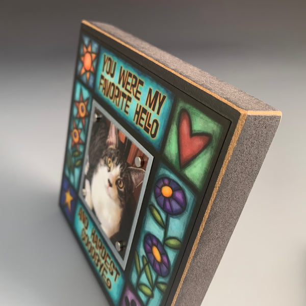 Close up of pet memorial picture frame with favorite hello hardest goodbye quote and vibrant artwork, small photo display, sympathy gift for pet loss