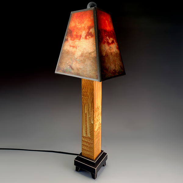 Florence ceramic table lamp with brown stoneware base, fiery sunset art shade by Michael Macone, and 3-way lighting, handmade in USA.