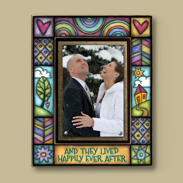 Wedding picture frame featuring the quote And they lived happily ever after with colorful Michael Macone artwork surrounding a 4x6 couple photo.
