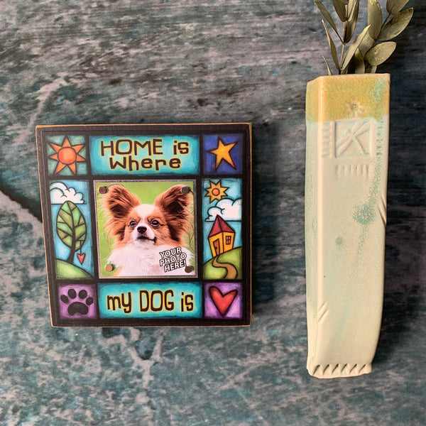 Dog lover picture frame on wall with Home is where my dog is quote and colorful artwork, meaningful home decor gift for dog lovers