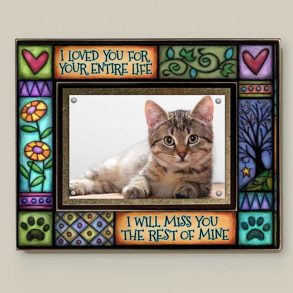 Pet memorial picture frame featuring the quote I loved you for your entire life I will miss you the rest of mine with colorful Michael Macone artwork.