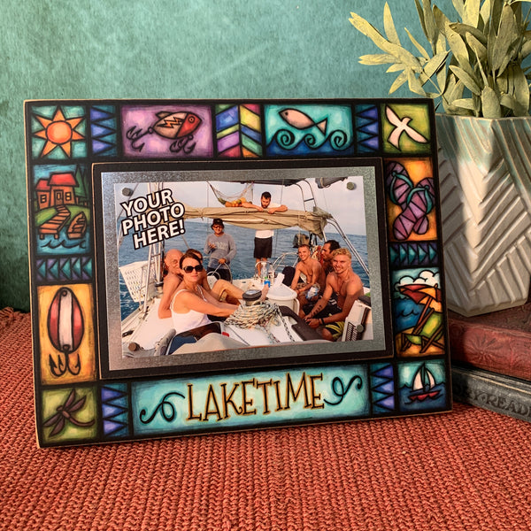 Laketime lake picture frame displayed on shelf showing colorful lake themed artwork and 4x6 photo display, ideal lake house decor or cabin gift