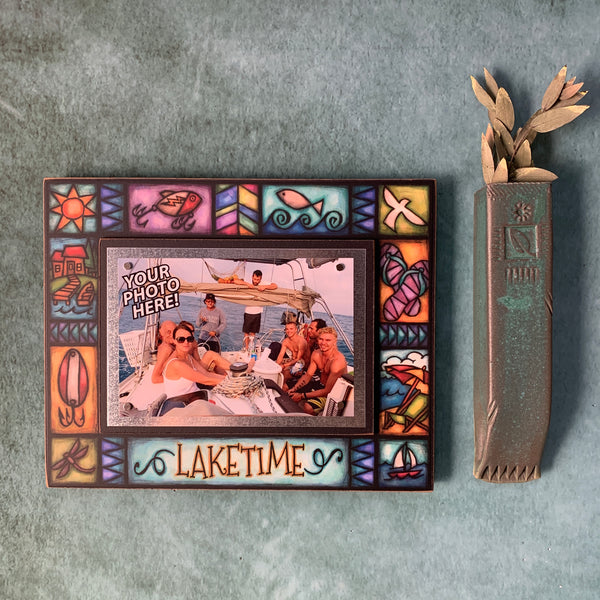 Laketime lake picture frame hanging on wall with vibrant lake themed artwork and 4x6 magnetic photo display, perfect lake lover home decor