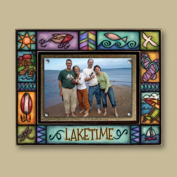 Laketime lake picture frame by Michael Macone featuring colorful lake themed artwork surrounding a 4x6 photo display, perfect lake house decor gift