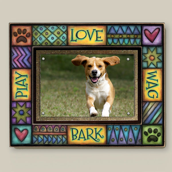 Dog picture frame featuring the quote Love Wag Bark Play with colorful Michael Macone artwork and a 4 x 6 dog photo.
