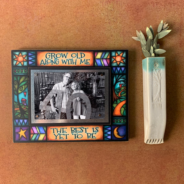 Grow Old Along With Me quote picture frame displayed on wall featuring colorful Michael Macone artwork