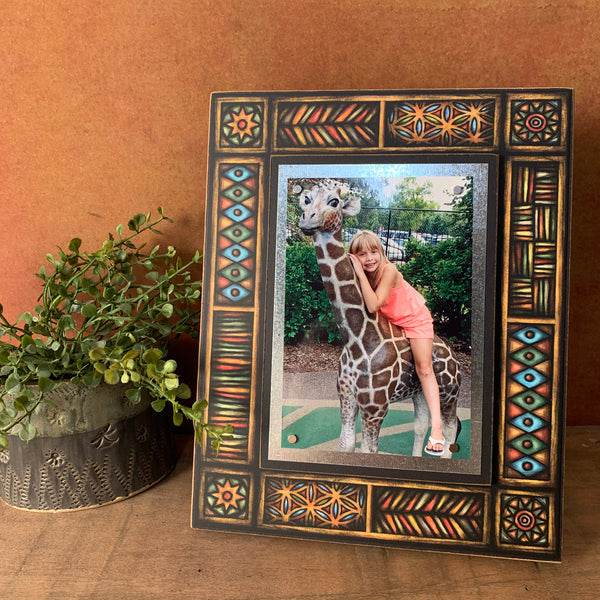 Brown Motif 4x6 picture frame displayed vertically on shelf, Michael Macone art wood frame with magnetic photo hold