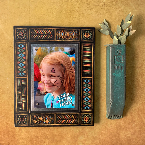 Brown Motif picture frame 4x6 displayed vertically on wall, Macone Clay wood magnetic photo frame decor