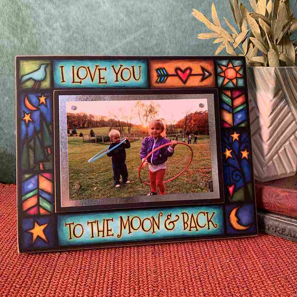 I Love You To The Moon And Back picture frame 4x6 displayed on shelf, colorful Michael Macone art love themed home decor