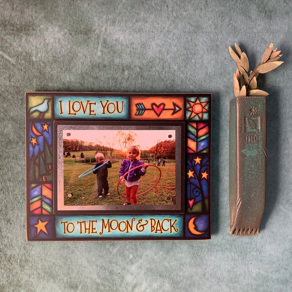 I Love You To The Moon And Back picture frame 4x6 displayed on wall, Macone Clay magnetic wood frame romantic decor