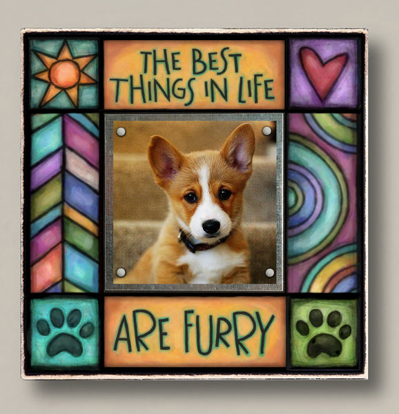 Mini pet picture frame featuring The best things in life are furry quote, colorful paw print and heart artwork by Michael Macone, holds 2x2 dog or cat photo, Macone Clay