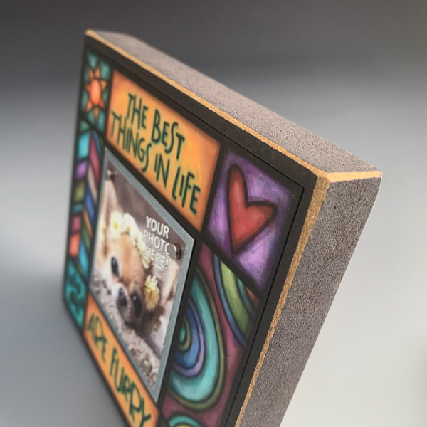 Side view of mini pet picture frame showing wood frame depth and colorful border design, The best things in life are furry, Macone Clay