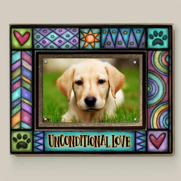 Pet picture frame with quote Unconditional Love featuring colorful Michael Macone artwork holding a 4 x 6 pet photo with magnetic display.