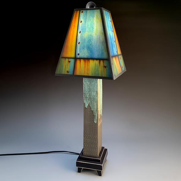 Ross Collage ceramic table lamp with gray stoneware base, melted glass accents, Macone art shade, and 3-way lighting, handmade in USA.