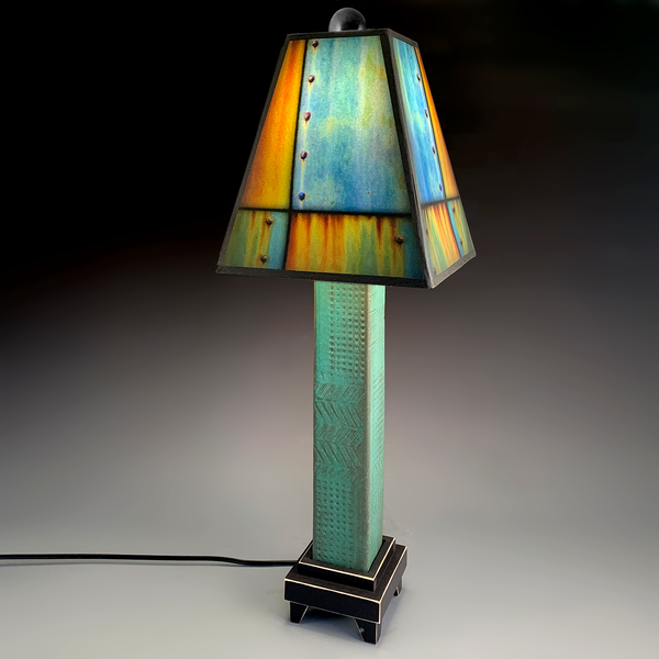 Ross Collage ceramic table lamp with green stoneware base, melted glass accents, Macone art shade, and 3-way lighting, handmade in USA.