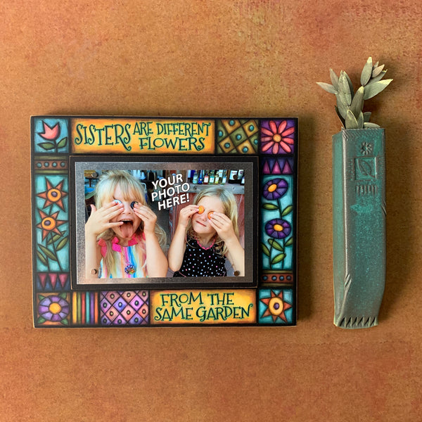Sisters quote picture frame sister gift wall display with message Sisters are different flowers from the same garden colorful artwork
