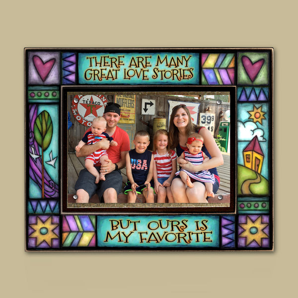 "There are many great love stories but ours is my favorite." quote picture frame by Macone Clay featuring Michael Macone artwork and magnetic 4 x 6 photo display.