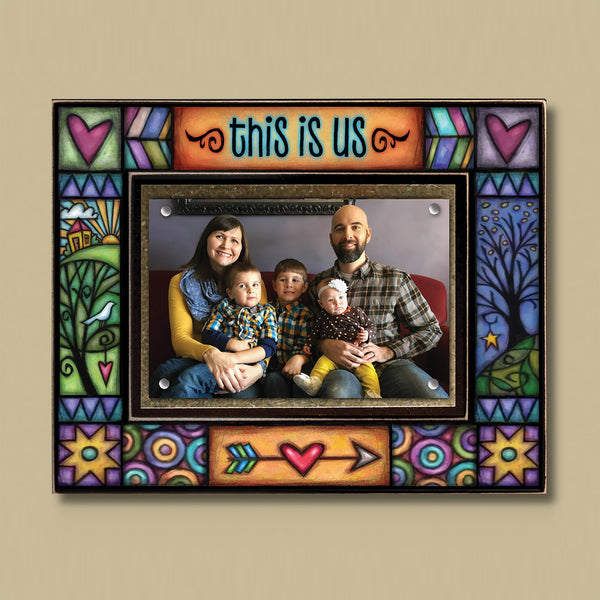 This Is Us 8x10 wood picture frame with stained glass style artwork holding 4x6 family photo with magnetic display