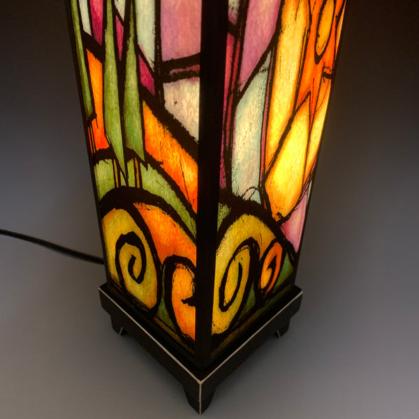 Close-up detail of Tree Hill mood lamp stained-glass landscape design