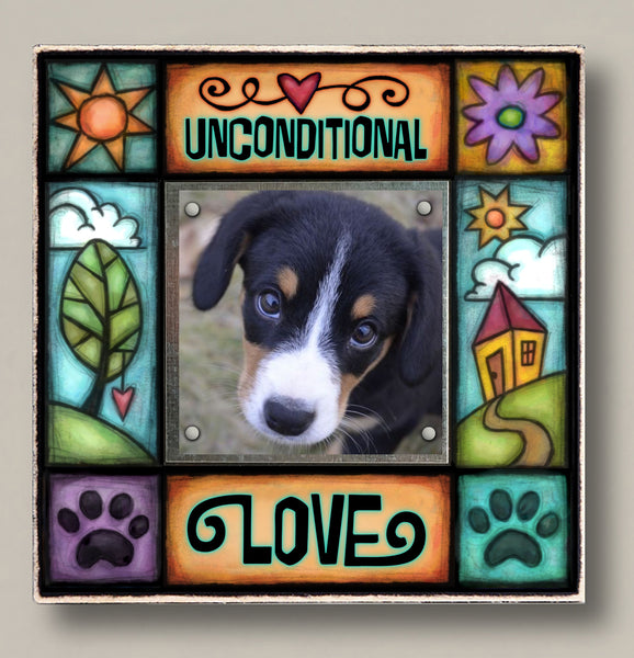 Dog lover picture frame with Unconditional Love quote and colorful artwork, small 2x2 photo display, meaningful gift for dog or cat lovers