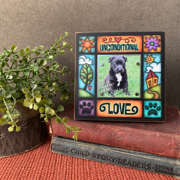 Small dog and cat lover picture frame on shelf with Unconditional Love quote, colorful Macone Clay artwork, meaningful pet gift with 2x2 photo