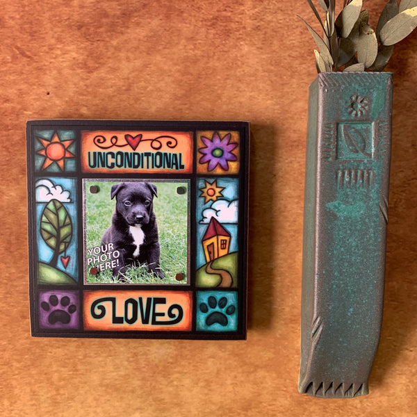 Dog and cat lover picture frame on wall with Unconditional Love quote, colorful artwork and small 2x2 photo, meaningful pet gift for dog or cat owners